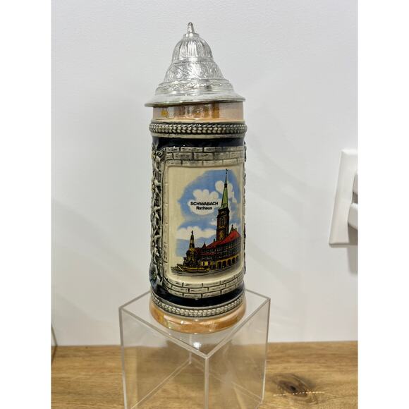 Vintage Gerzit Gerz Lidded Beer Stein - SCHWABACH Rathaus - Germany - Handmade - Picture 1 of 10
